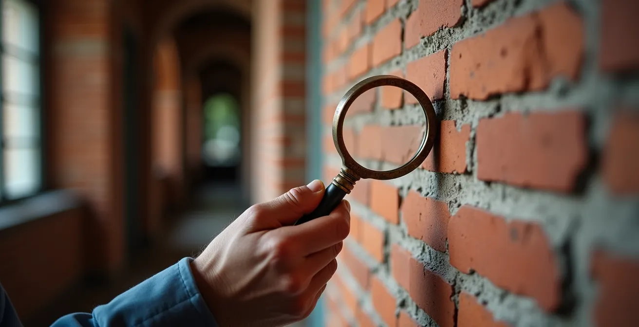 Main tenant une loupe examinant des détails architecturaux